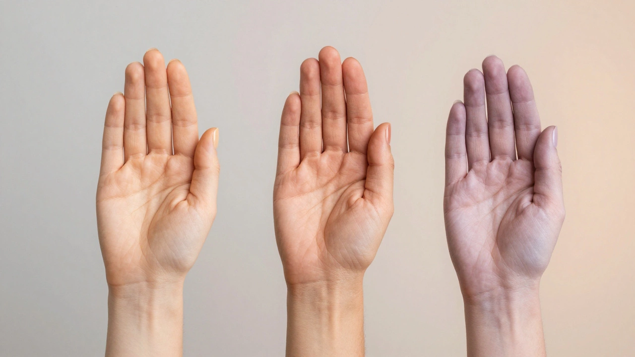 Три руки с разными оттенками лака — персиковый, терракотовый и лавандовый — демонстрируют, как тёплые тона делают кожу моложе.