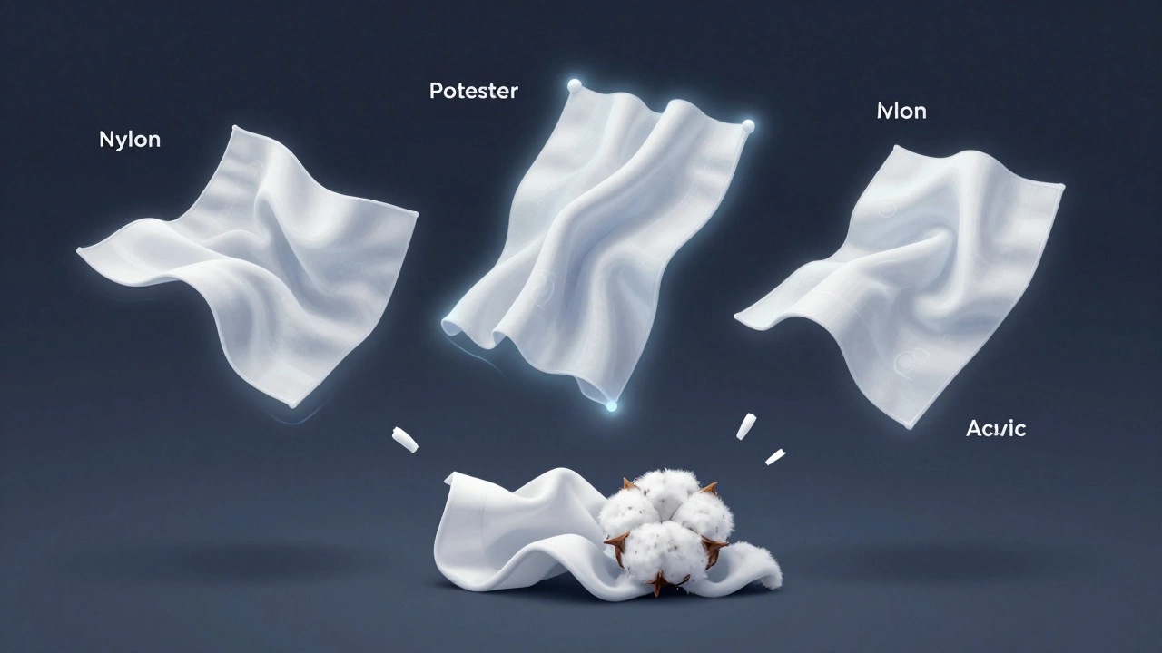 Три синтетические ткани парят в воздухе, а хлопок падает вниз, символизируя устойчивость к мятости.