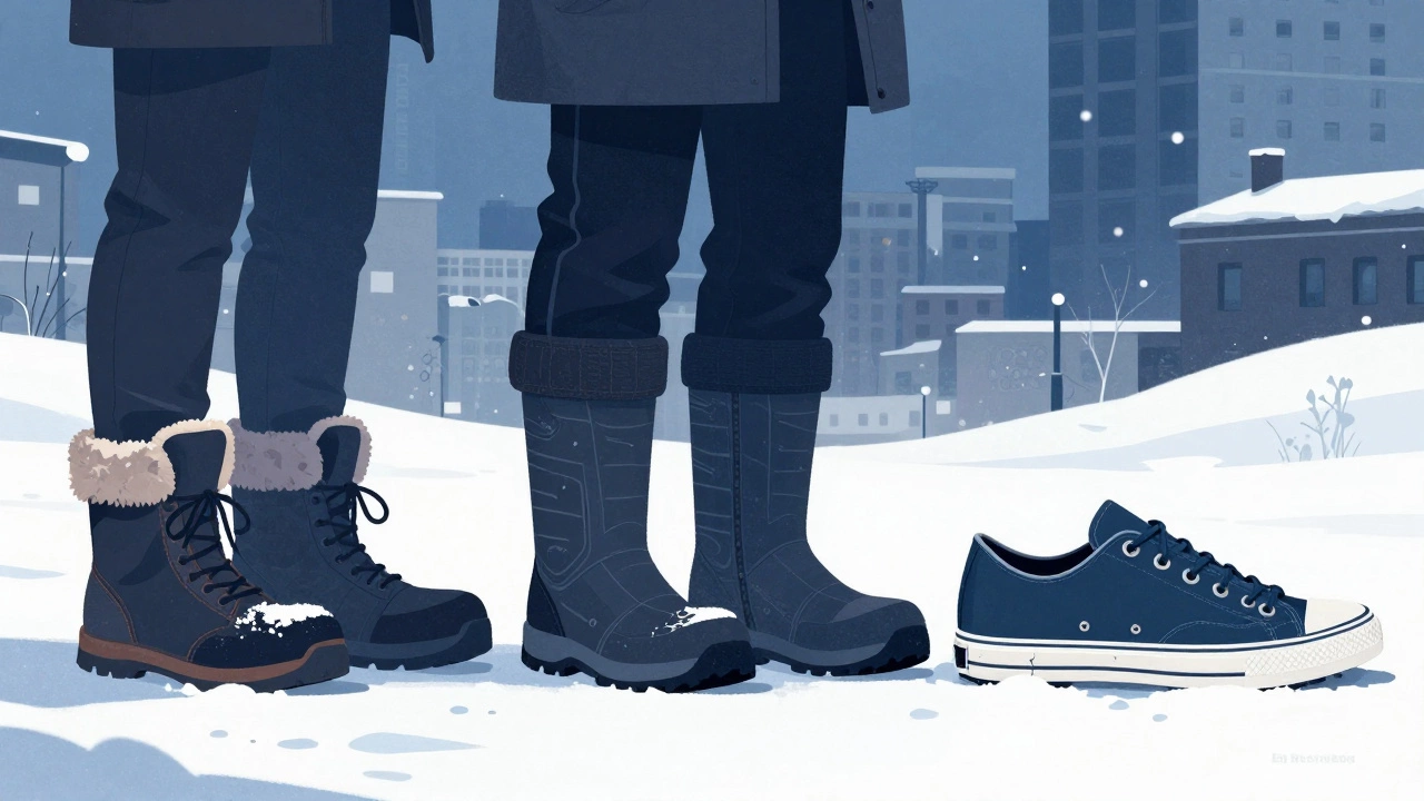 Три типа зимней обуви: ботинки, сапоги и полуботинки, сравниваются по утеплению и подошве на снежном фоне.