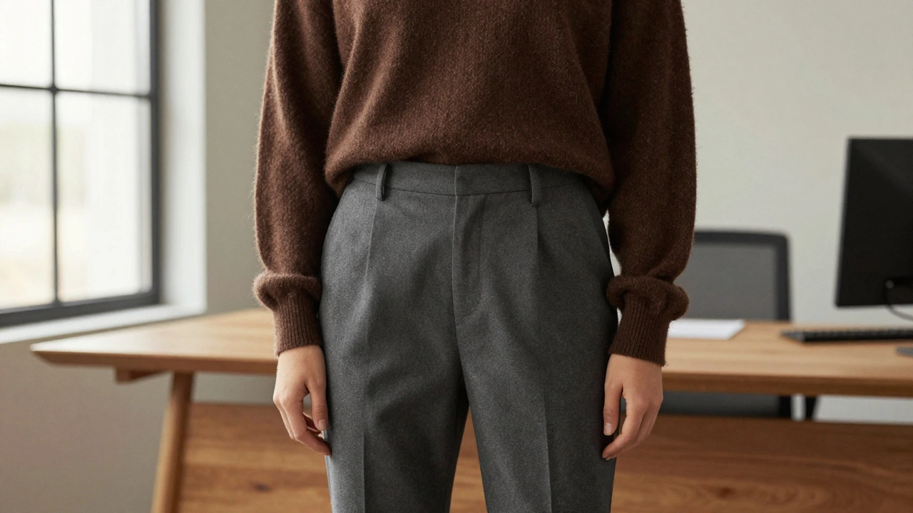 Деловой образ с серыми брюками с защипами и объемным коричневым свитером
