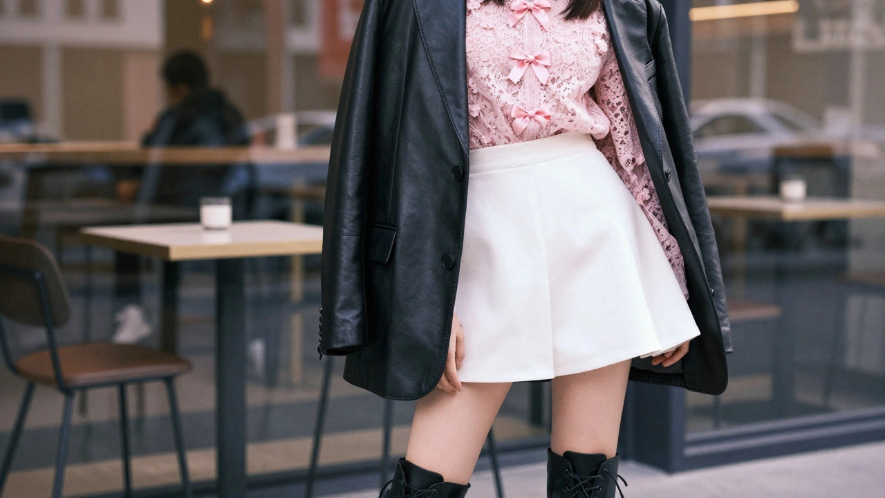 Девушка в стиле Coquette Core: кружевная блуза с бантами, кожаный пиджак и грубые ботинки