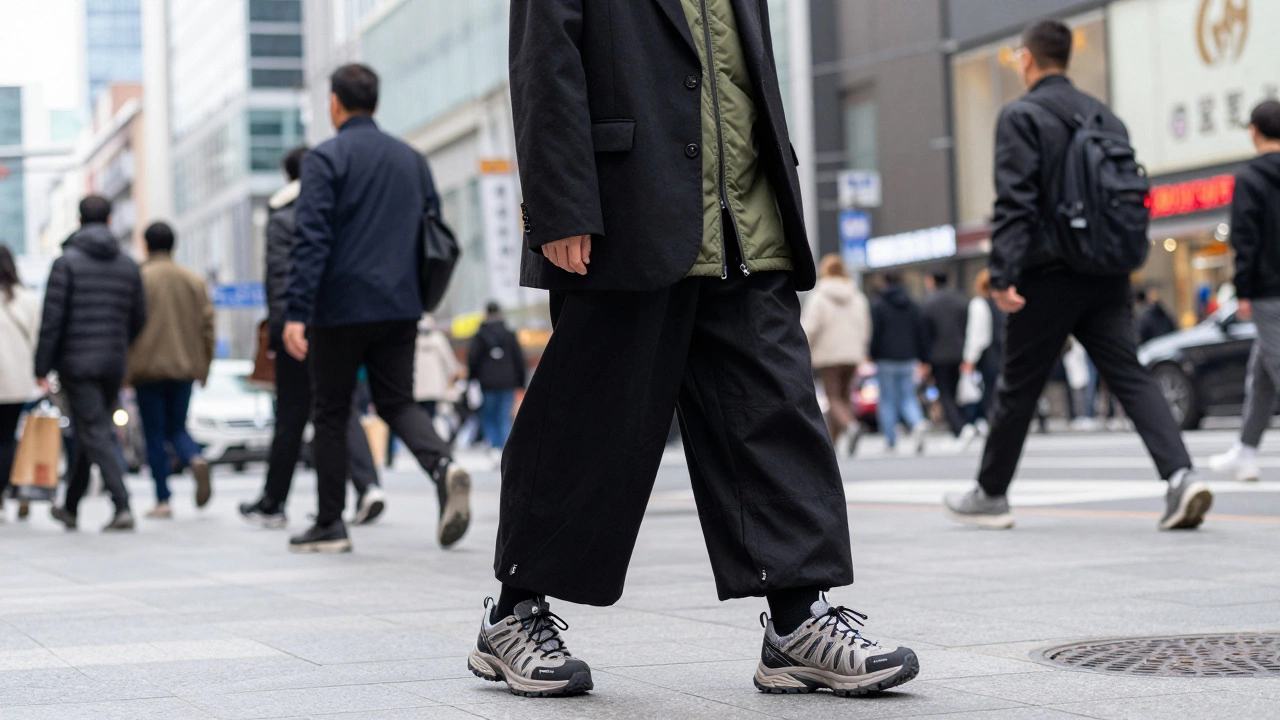 Городской образ в стиле стритвир и горпкор с объемным пиджаком и мембранной курткой