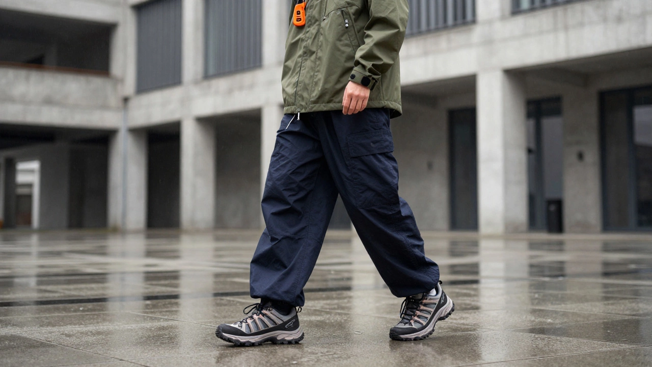 Городской стиль Gorpcore: оливковая технологичная куртка-анорак и брюки-карго