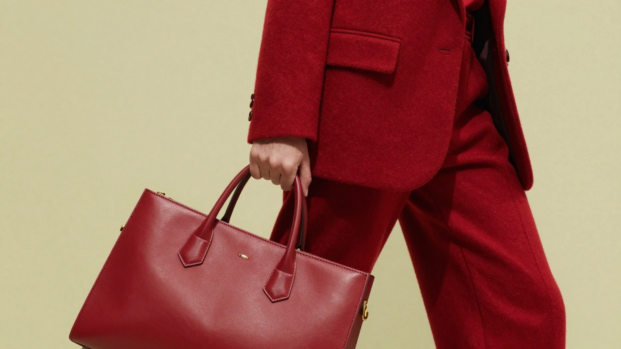 Модель в ярко-красном костюме на фоне фисташковой стены