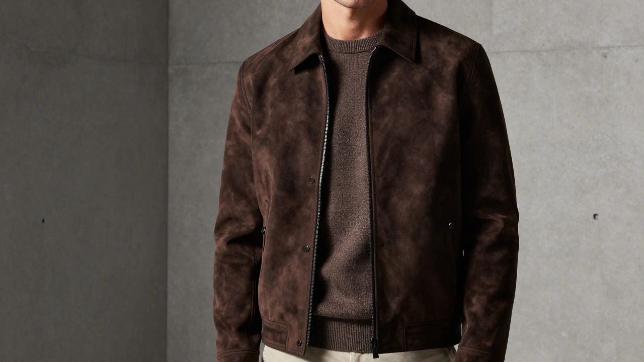 Мужчина в коричневом замшевом бомбере на минималистичном фоне