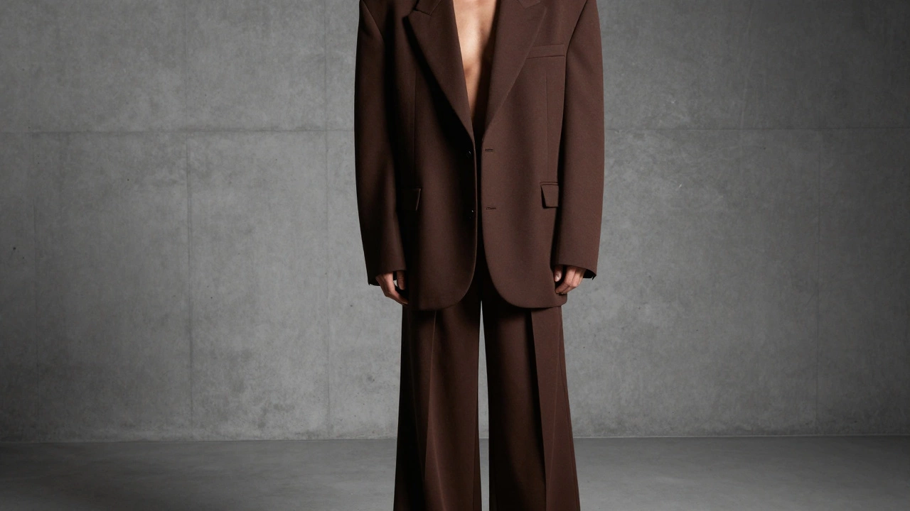 Мужчина в структурированном коричневом оверсайз пиджаке и широких брюках