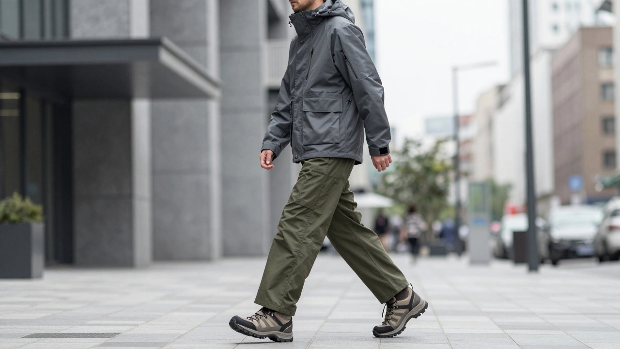 Мужчина в технологичной серой куртке и оливковых брюках в стиле Gorpcore