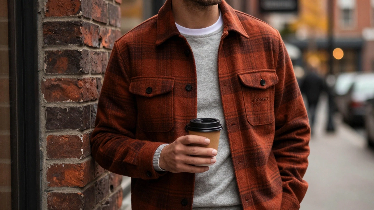 Мужчина в терракотовом клетчатом шакете с кофе на фоне кирпичной стены