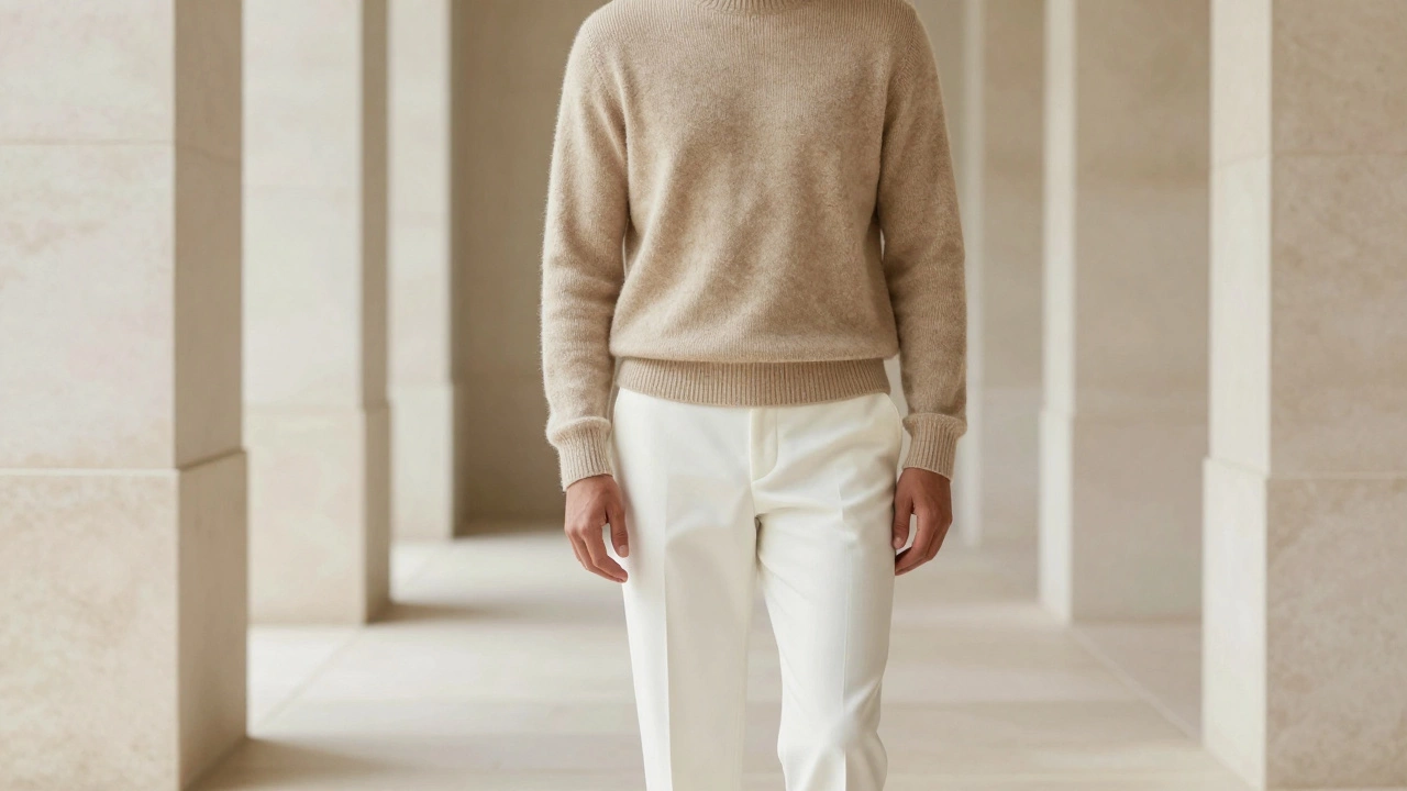 Образ в стиле Old Money: бежевый кашемировый свитер и белые брюки