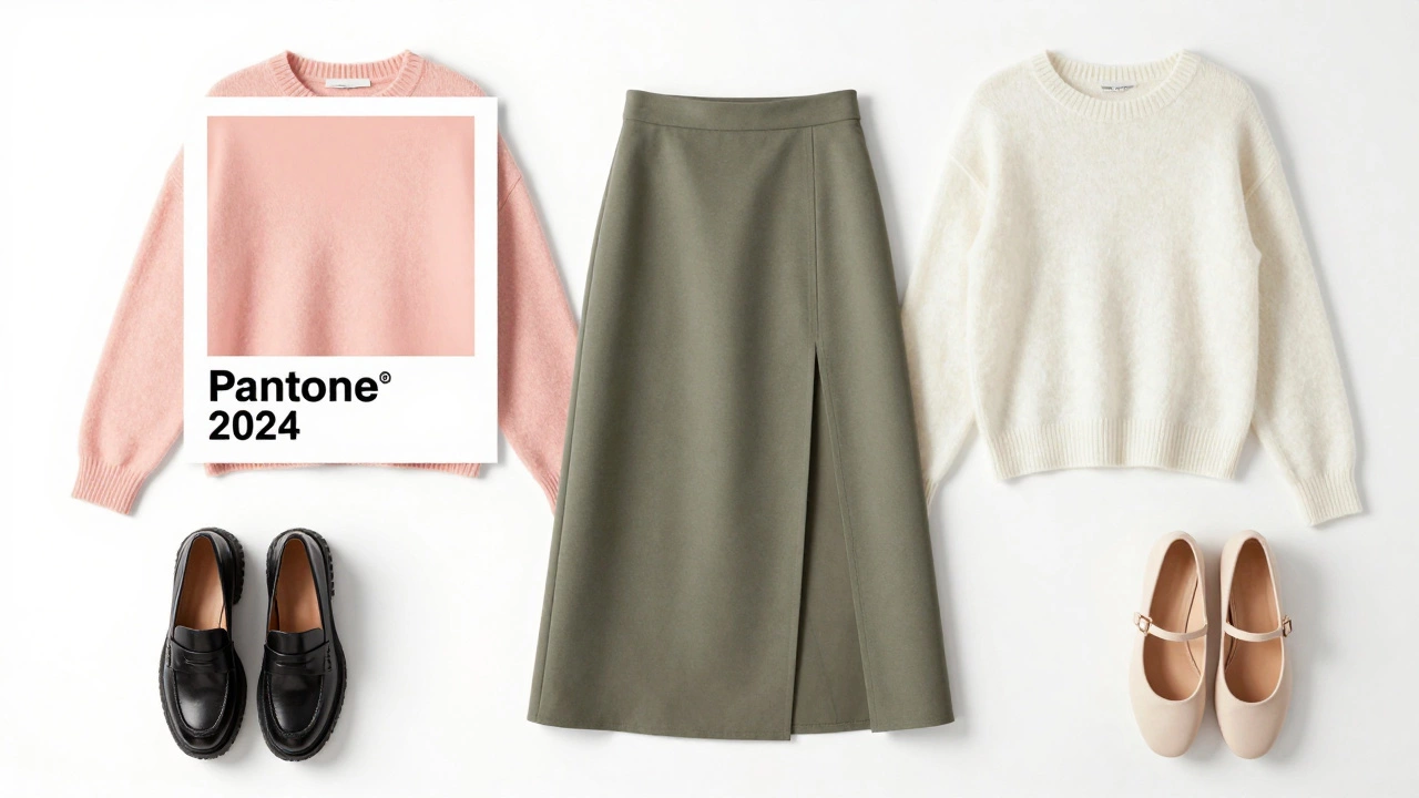 Раскладка одежды: юбка миди, кашемировый свитер, лоферы и балетки в пастельных тонах