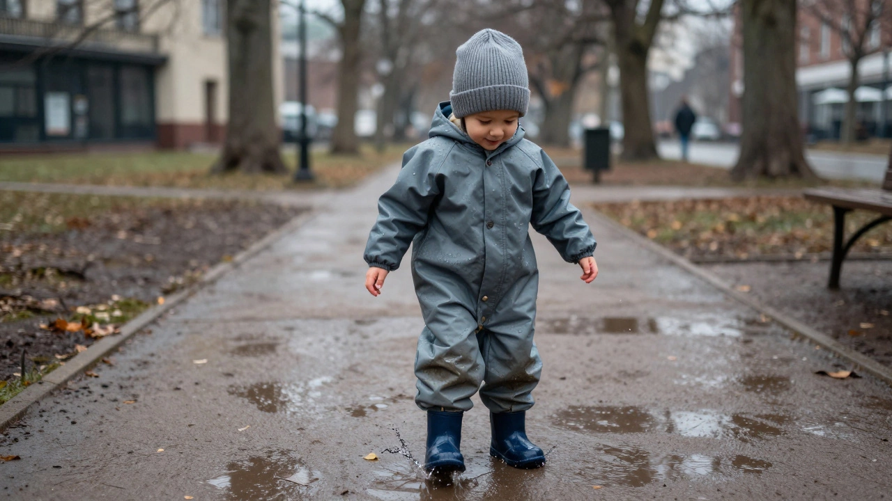 Ребенок в теплом мембранном комбинезоне и шапке прыгает по лужам