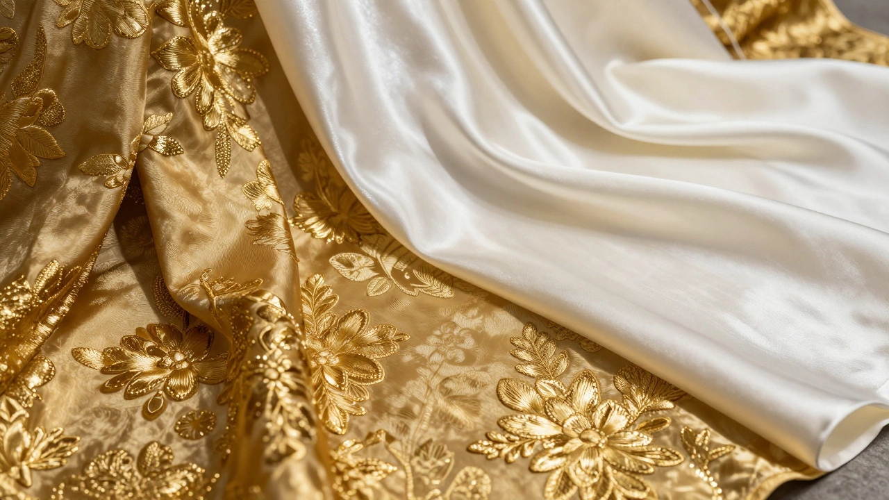 Складки элитного белого шелка и золотой парчи с металлическими нитями
