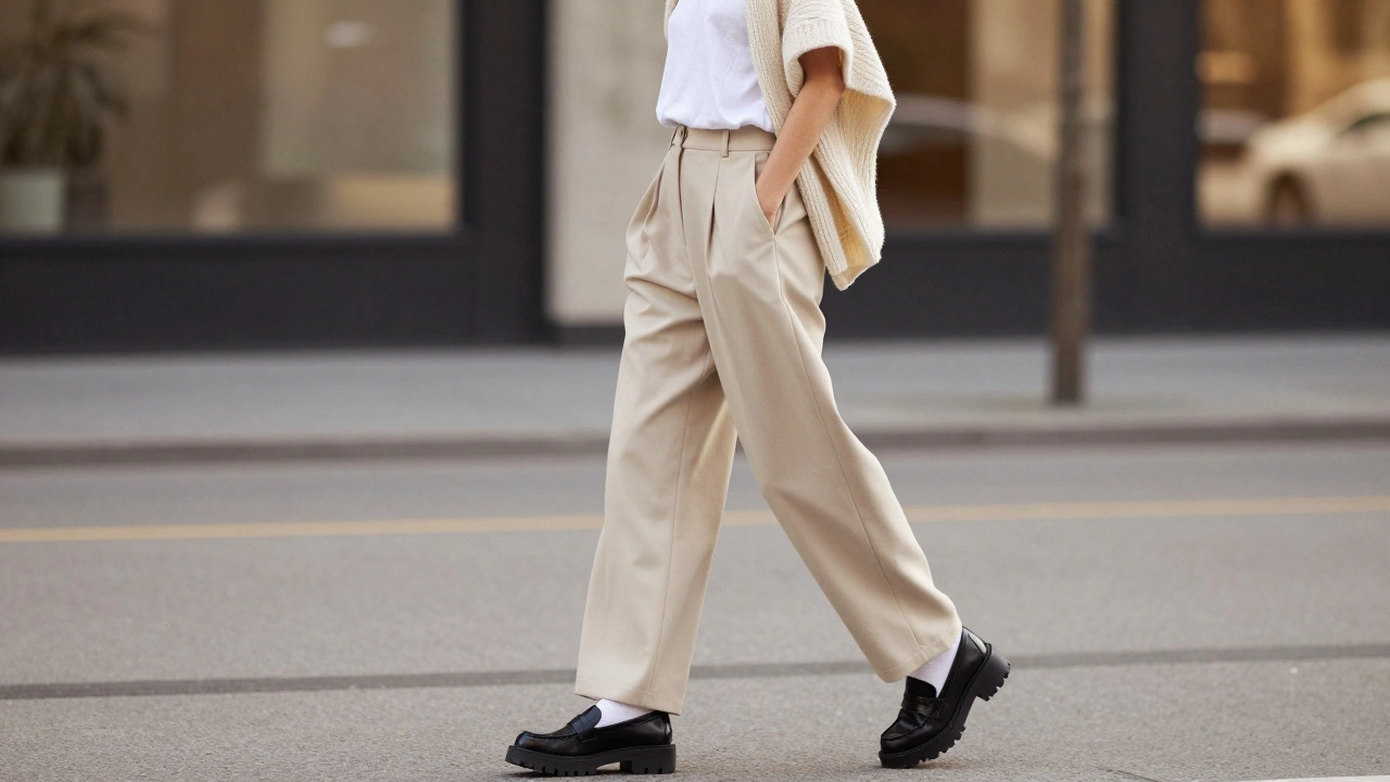 Стильный образ с брюками-палаццо, массивными лоферами и свитером на плечах