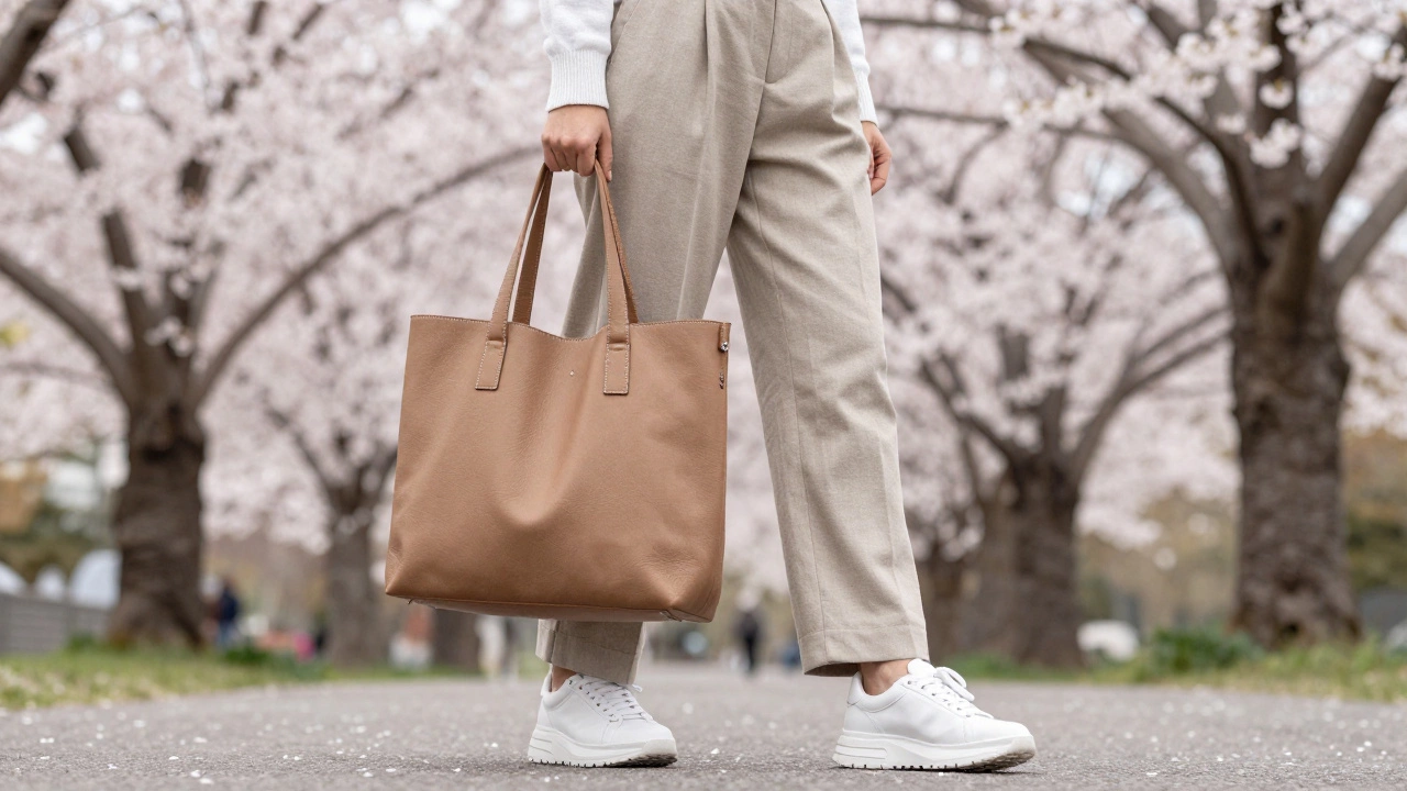 Стиль Old Money: классические брюки, массивные кроссовки и большая кожаная сумка-шоппер