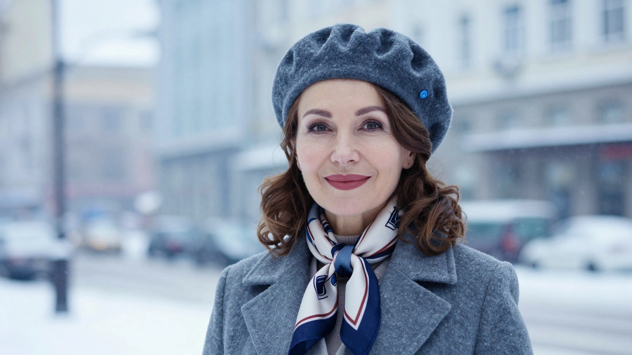 Женщина в берете и шелковом платке с локонами в зимнем городском пейзаже