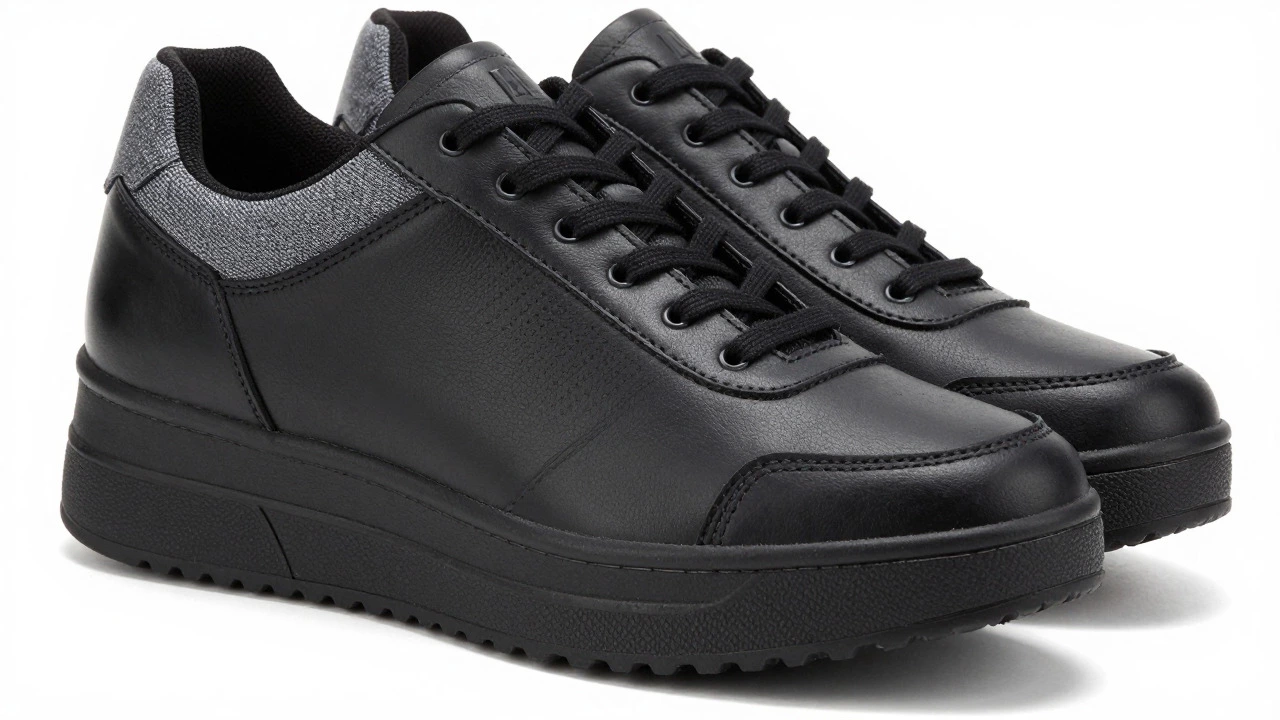 Black and grey men's winter sneakers featuring a monolithic, matte black platform wedge sole.