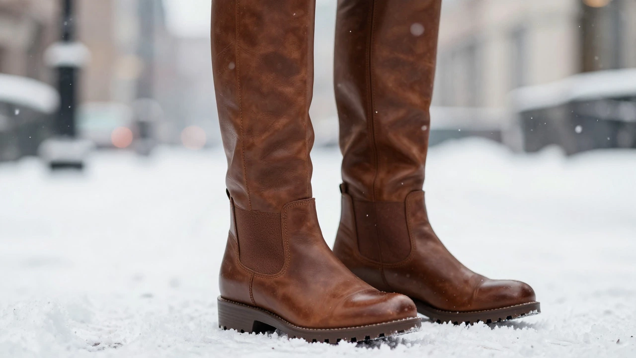 Dark cognac leather men's tall winter boots with a sturdy, toothed rubber outsole and wedge heel.