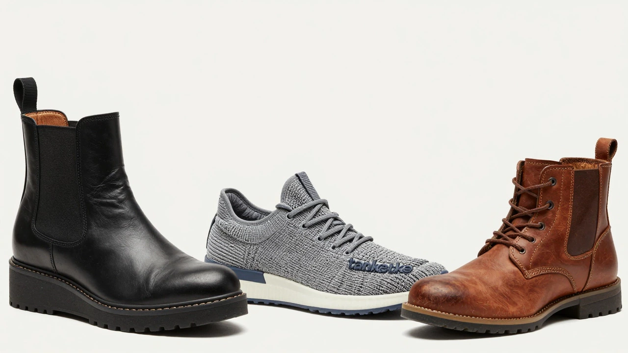 Studio comparison of black Chelsea boots, grey sneakers, and brown ankle boots, all showcasing thick, unified wedge sole designs.